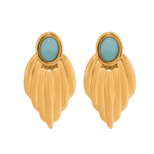 Gold earrings with turquoise stones on a white background
