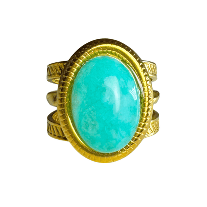 Gold ring with a turquoise stone on a white background