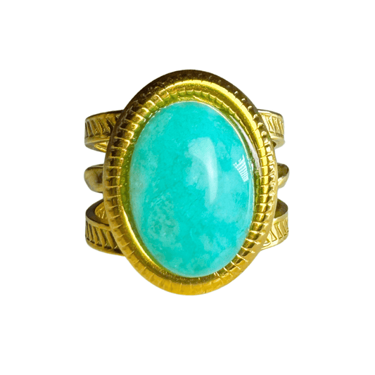 Gold ring with a turquoise stone on a white background