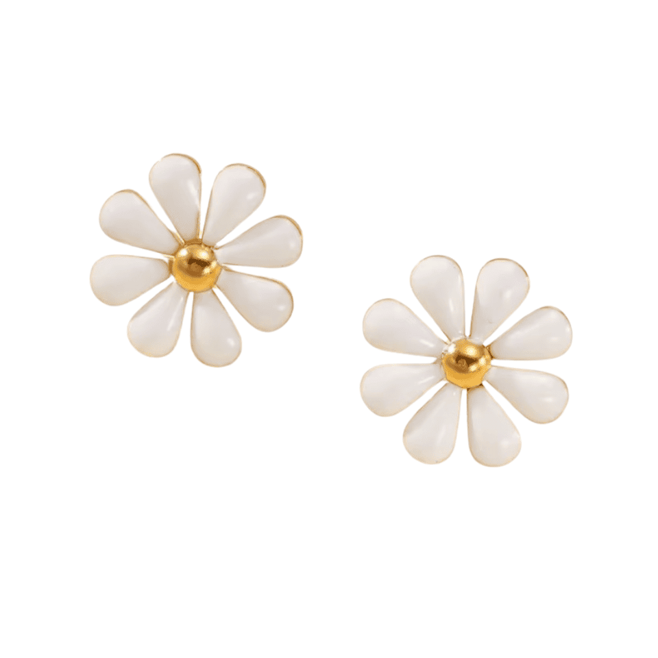 White flower-shaped earrings with gold centers on a white background