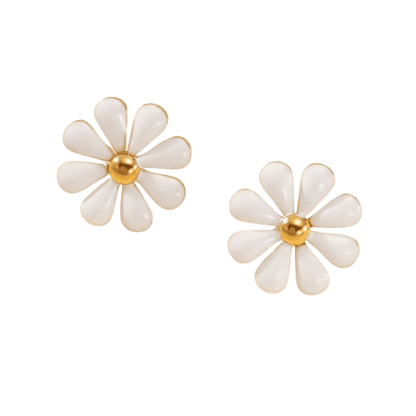 White flower-shaped earrings with gold centers on a white background