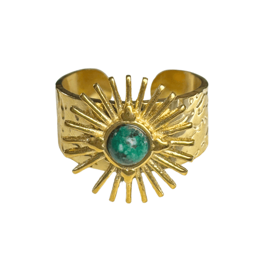 Gold ring with a central green gemstone on a white background