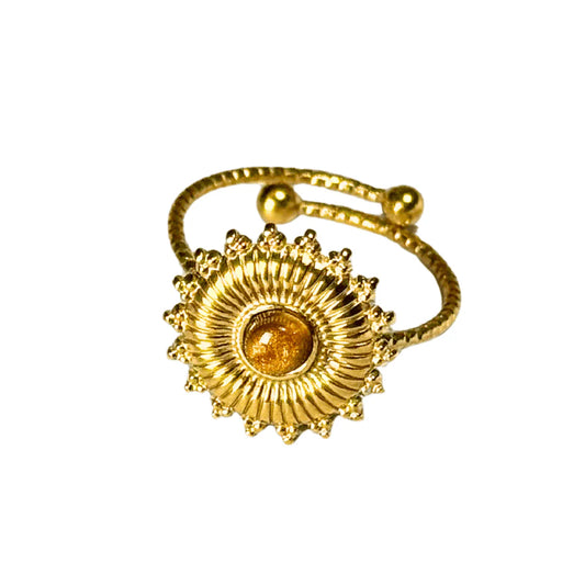 18K PVD Gold Classic Sunburst Brown Cabochon Adjustable Ring: Eni