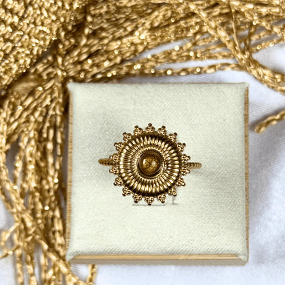 18K PVD Gold Classic Sunburst Brown Cabochon Adjustable Ring: Eni