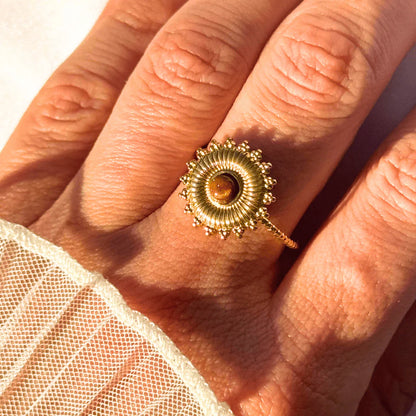 18K PVD Gold Classic Sunburst Brown Cabochon Adjustable Ring: Eni