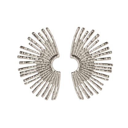 Pair of silver sunburst earrings on a white background