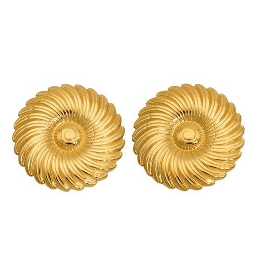 Pair of gold earrings with a textured design on a white background